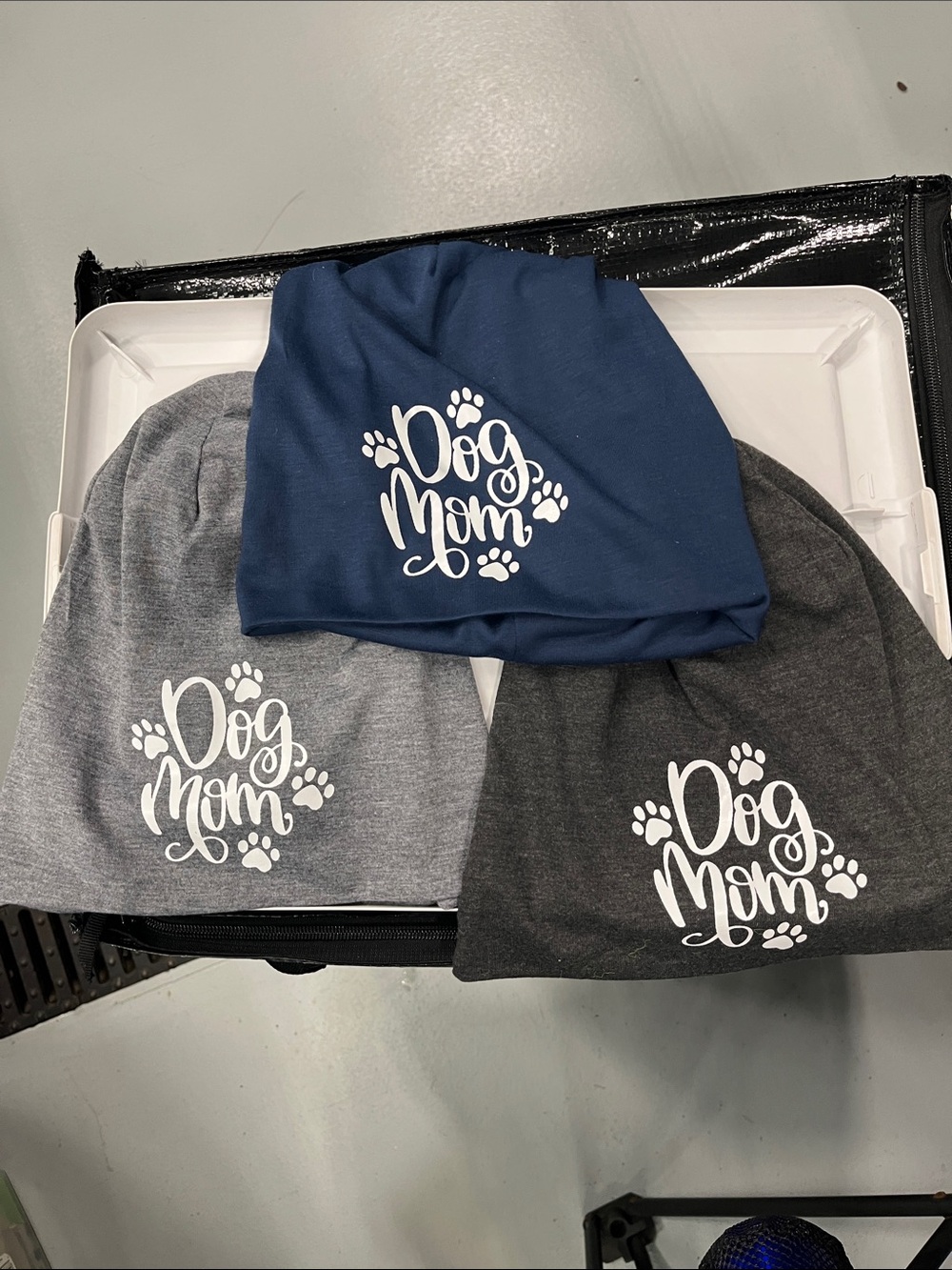 Dog Mom Beanie Hat - Navy, Light Gray, Dark Gray